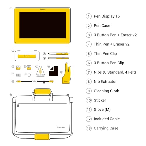 Xencelabs Pen Display 16 Bundle with Quick Keys, 16" Portable Drawing Display with 2 Battery-Free Pens for Win/Win-ARM/macOS/Linux, Black