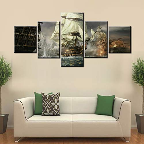 Norse Decor Black and White Painting Vikings Ship Artwork Fantasy Sailing Boat Pictures for Living Room Home 5 Panel Dragon Canvas Wall Art Modern Framed Ready to Hang Posters and Prints(60''Wx32''H)