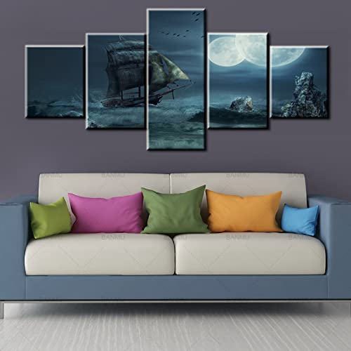 Norse Decor Black and White Painting Vikings Ship Artwork Fantasy Sailing Boat Pictures for Living Room Home 5 Panel Dragon Canvas Wall Art Modern Framed Ready to Hang Posters and Prints(60''Wx32''H)