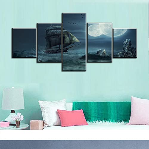 Norse Decor Black and White Painting Vikings Ship Artwork Fantasy Sailing Boat Pictures for Living Room Home 5 Panel Dragon Canvas Wall Art Modern Framed Ready to Hang Posters and Prints(60''Wx32''H)