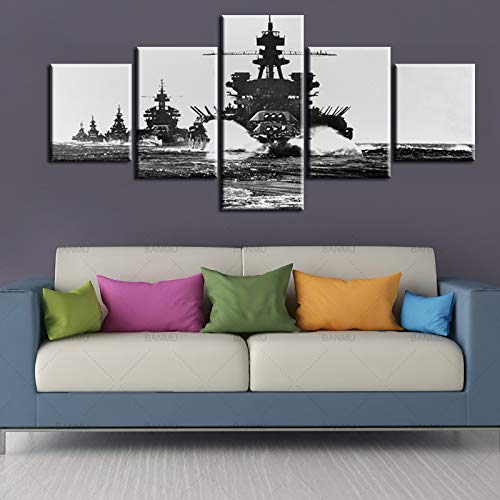 Norse Decor Black and White Painting Vikings Ship Artwork Fantasy Sailing Boat Pictures for Living Room Home 5 Panel Dragon Canvas Wall Art Modern Framed Ready to Hang Posters and Prints(60''Wx32''H)