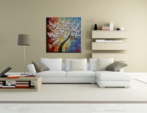 YaSheng Art - hand-painted Oil Painting On Canvas white Flowers Paintings Modern Home Interior Decor Wall Art for living room Abstract Art picture Ready to hang 24x24inch