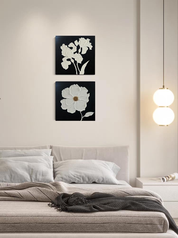 YaSheng Art - hand-painted Oil Painting On Canvas white Flowers Paintings Modern Home Interior Decor Wall Art for living room Abstract Art picture Ready to hang 24x24inch