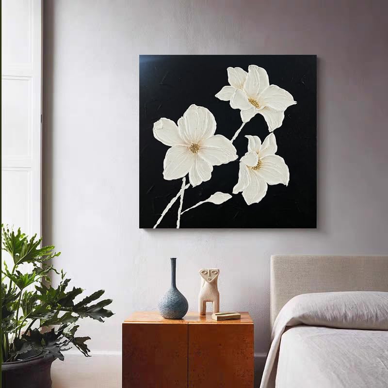 YaSheng Art - hand-painted Oil Painting On Canvas white Flowers Paintings Modern Home Interior Decor Wall Art for living room Abstract Art picture Ready to hang 24x24inch