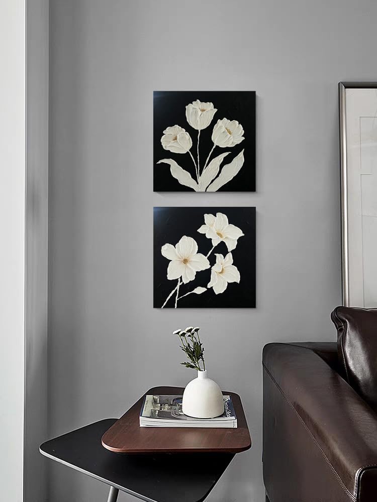 YaSheng Art - hand-painted Oil Painting On Canvas white Flowers Paintings Modern Home Interior Decor Wall Art for living room Abstract Art picture Ready to hang 24x24inch