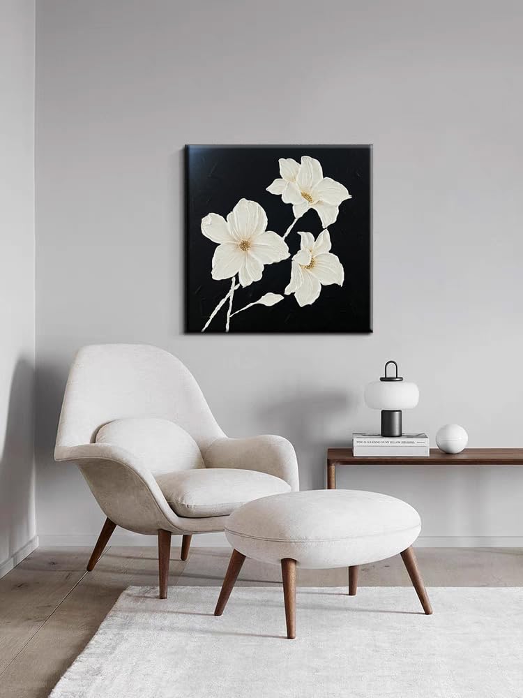 YaSheng Art - hand-painted Oil Painting On Canvas white Flowers Paintings Modern Home Interior Decor Wall Art for living room Abstract Art picture Ready to hang 24x24inch