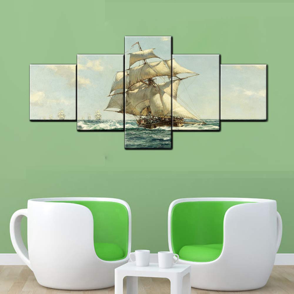 Norse Decor Black and White Painting Vikings Ship Artwork Fantasy Sailing Boat Pictures for Living Room Home 5 Panel Dragon Canvas Wall Art Modern Framed Ready to Hang Posters and Prints(60''Wx32''H)