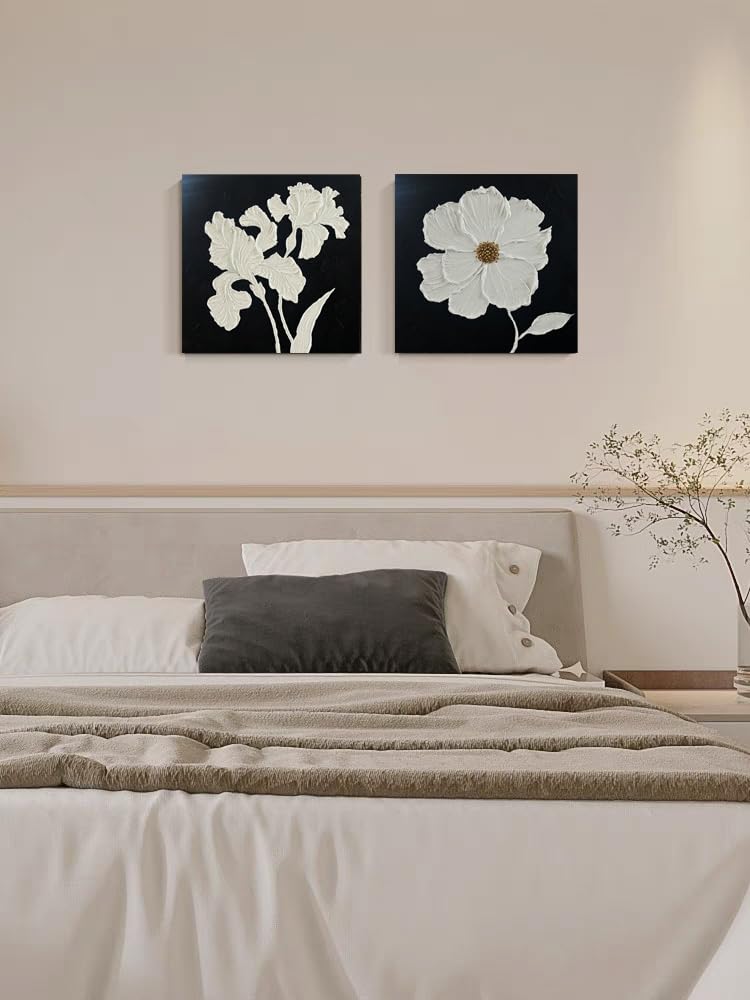 YaSheng Art - hand-painted Oil Painting On Canvas white Flowers Paintings Modern Home Interior Decor Wall Art for living room Abstract Art picture Ready to hang 24x24inch