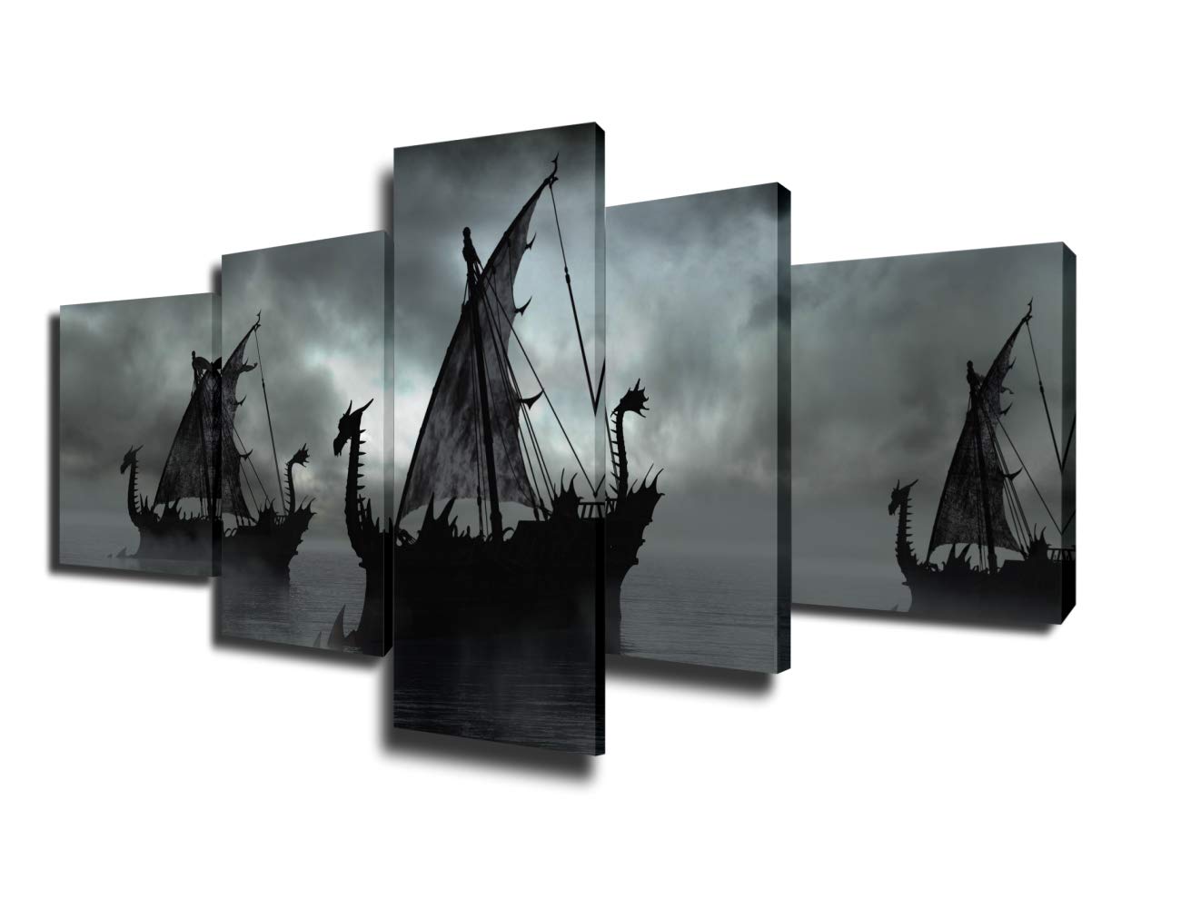 Norse Decor Black and White Painting Vikings Ship Artwork Fantasy Sailing Boat Pictures for Living Room Home 5 Panel Dragon Canvas Wall Art Modern Framed Ready to Hang Posters and Prints(60''Wx32''H)