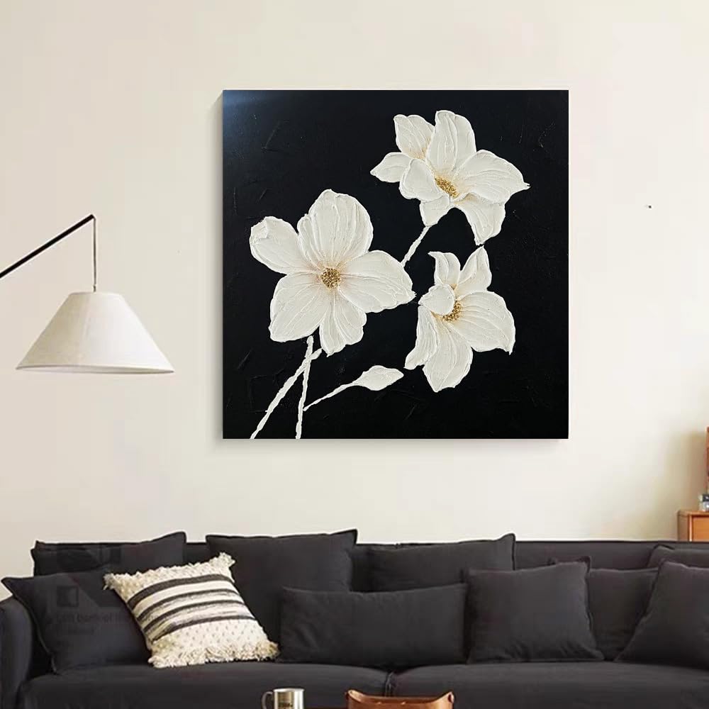 YaSheng Art - hand-painted Oil Painting On Canvas white Flowers Paintings Modern Home Interior Decor Wall Art for living room Abstract Art picture Ready to hang 24x24inch