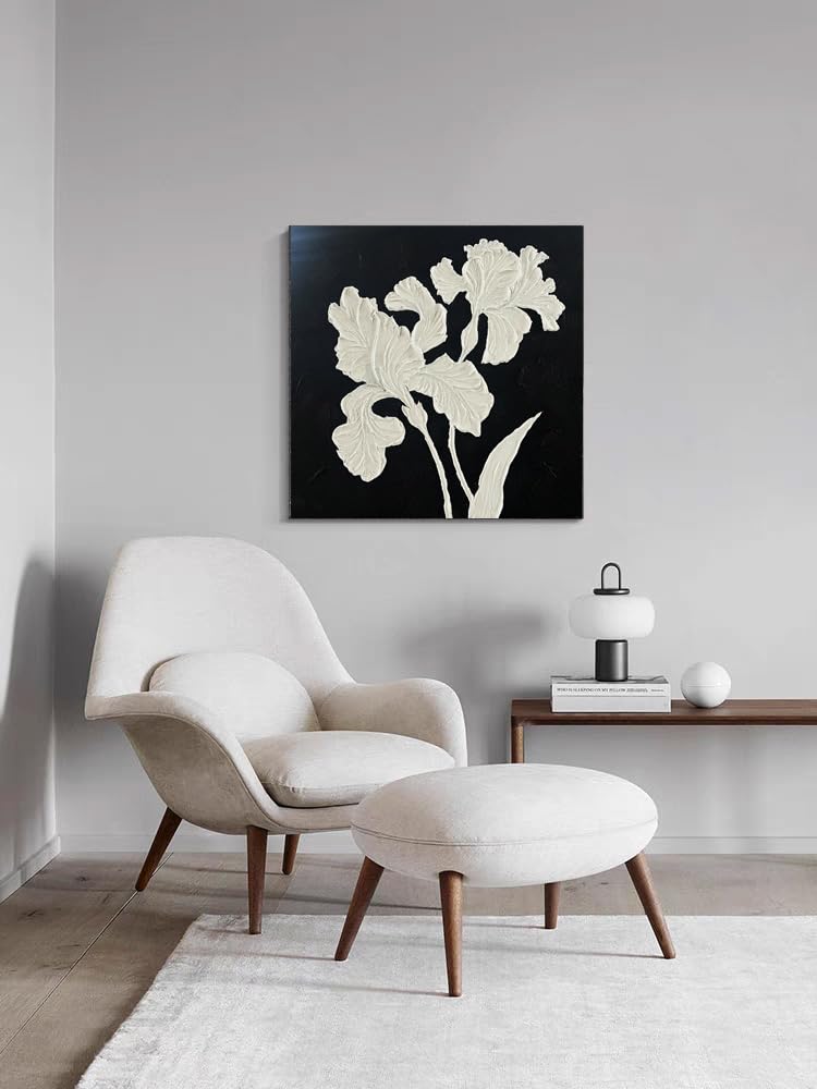 YaSheng Art - hand-painted Oil Painting On Canvas white Flowers Paintings Modern Home Interior Decor Wall Art for living room Abstract Art picture Ready to hang 24x24inch