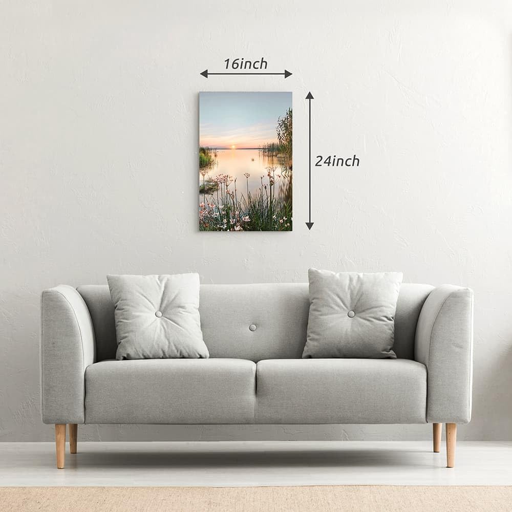 Lake Canvas Wall Art Picture: Sunset Landscape Painting Print Artwork Vertical Nature Scenery Decor for Living Room Bedroom