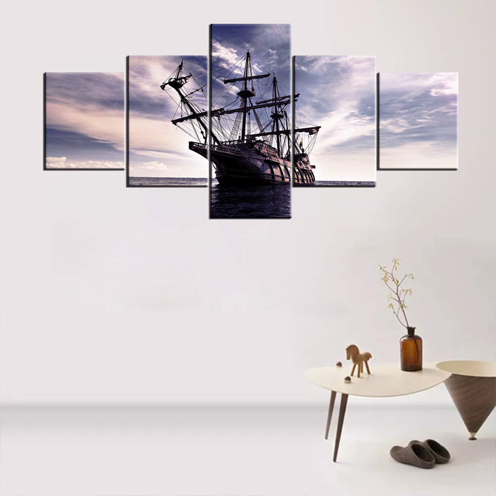 Norse Decor Black and White Painting Vikings Ship Artwork Fantasy Sailing Boat Pictures for Living Room Home 5 Panel Dragon Canvas Wall Art Modern Framed Ready to Hang Posters and Prints(60''Wx32''H)