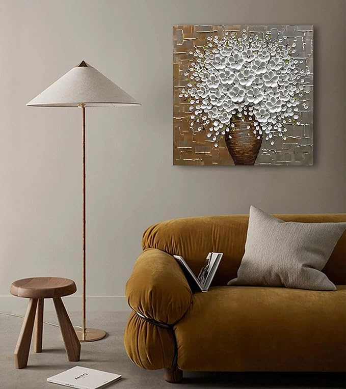 YaSheng Art - hand-painted Oil Painting On Canvas white Flowers Paintings Modern Home Interior Decor Wall Art for living room Abstract Art picture Ready to hang 24x24inch