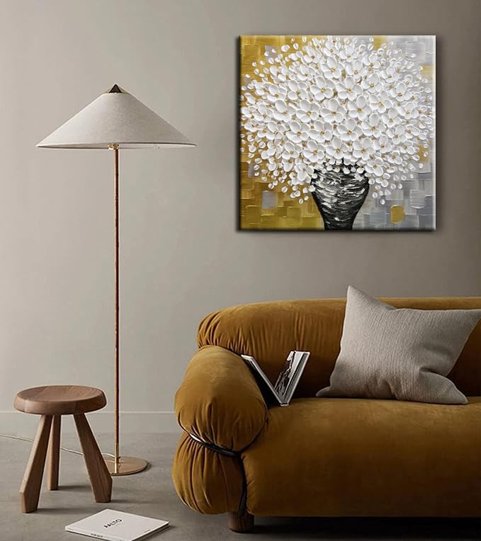 YaSheng Art - hand-painted Oil Painting On Canvas white Flowers Paintings Modern Home Interior Decor Wall Art for living room Abstract Art picture Ready to hang 24x24inch