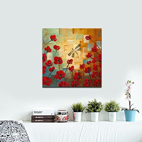 Wieco Art Framed Art Dragonfly Floral Oil Paintings on Canvas Wall Art for Bedroom Home Decorations Modern 100% Hand Painted Stretched Abstract Flowers Artwork with Black Frame