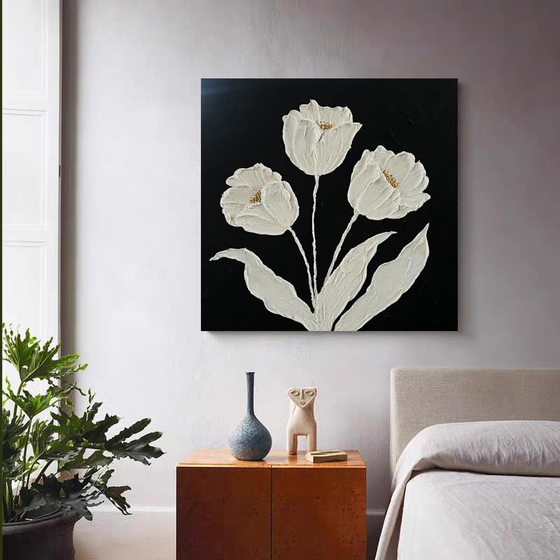 YaSheng Art - hand-painted Oil Painting On Canvas white Flowers Paintings Modern Home Interior Decor Wall Art for living room Abstract Art picture Ready to hang 24x24inch