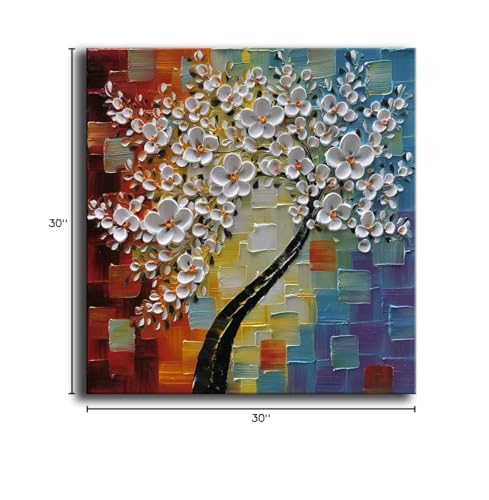 YaSheng Art - hand-painted Oil Painting On Canvas white Flowers Paintings Modern Home Interior Decor Wall Art for living room Abstract Art picture Ready to hang 24x24inch