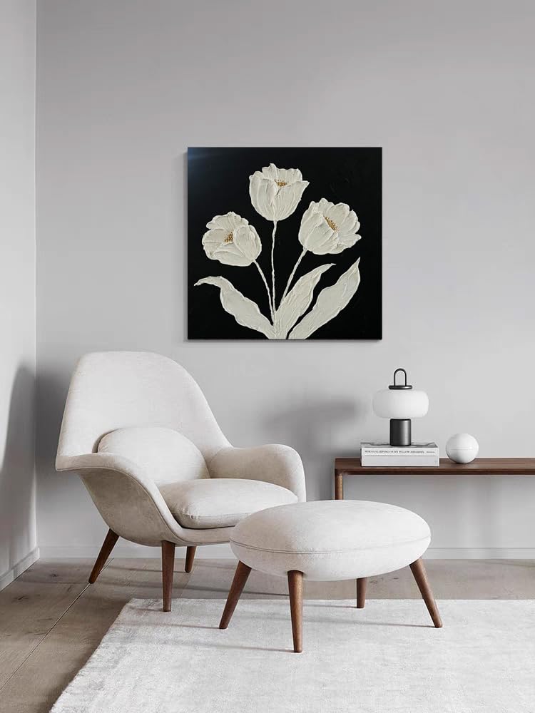 YaSheng Art - hand-painted Oil Painting On Canvas white Flowers Paintings Modern Home Interior Decor Wall Art for living room Abstract Art picture Ready to hang 24x24inch