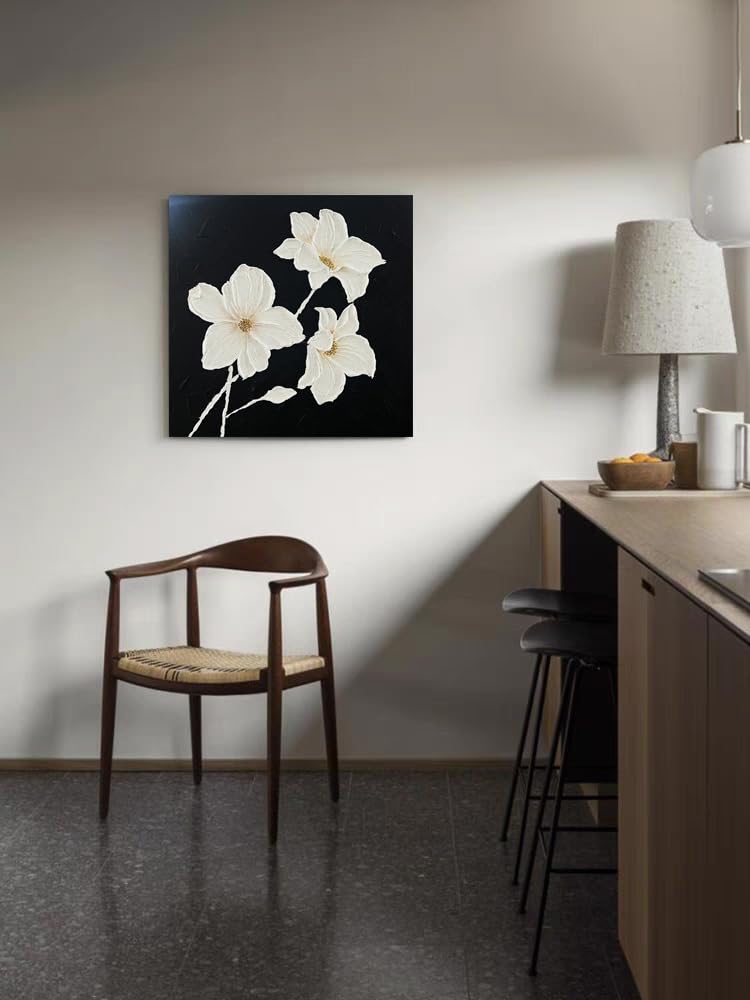 YaSheng Art - hand-painted Oil Painting On Canvas white Flowers Paintings Modern Home Interior Decor Wall Art for living room Abstract Art picture Ready to hang 24x24inch