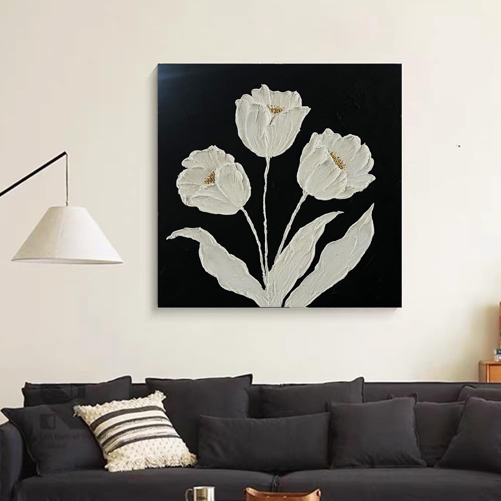 YaSheng Art - hand-painted Oil Painting On Canvas white Flowers Paintings Modern Home Interior Decor Wall Art for living room Abstract Art picture Ready to hang 24x24inch