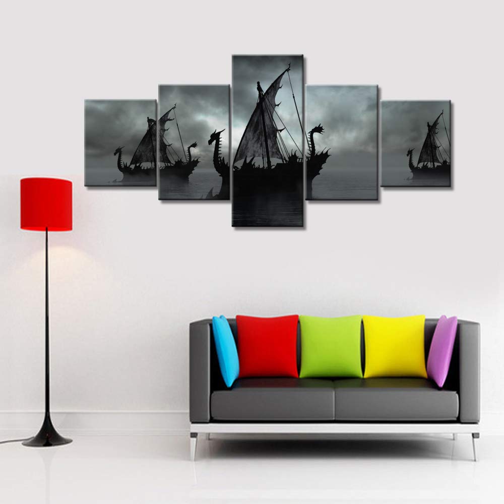 Norse Decor Black and White Painting Vikings Ship Artwork Fantasy Sailing Boat Pictures for Living Room Home 5 Panel Dragon Canvas Wall Art Modern Framed Ready to Hang Posters and Prints(60''Wx32''H)