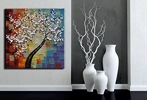 YaSheng Art - hand-painted Oil Painting On Canvas white Flowers Paintings Modern Home Interior Decor Wall Art for living room Abstract Art picture Ready to hang 24x24inch