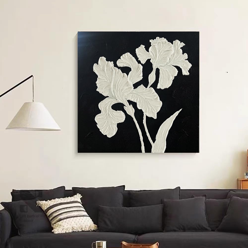 YaSheng Art - hand-painted Oil Painting On Canvas white Flowers Paintings Modern Home Interior Decor Wall Art for living room Abstract Art picture Ready to hang 24x24inch