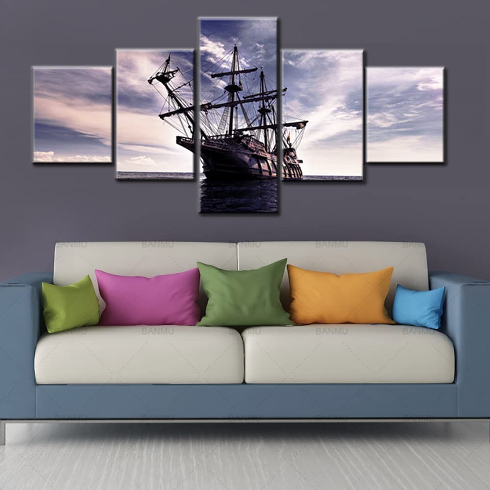 Norse Decor Black and White Painting Vikings Ship Artwork Fantasy Sailing Boat Pictures for Living Room Home 5 Panel Dragon Canvas Wall Art Modern Framed Ready to Hang Posters and Prints(60''Wx32''H)