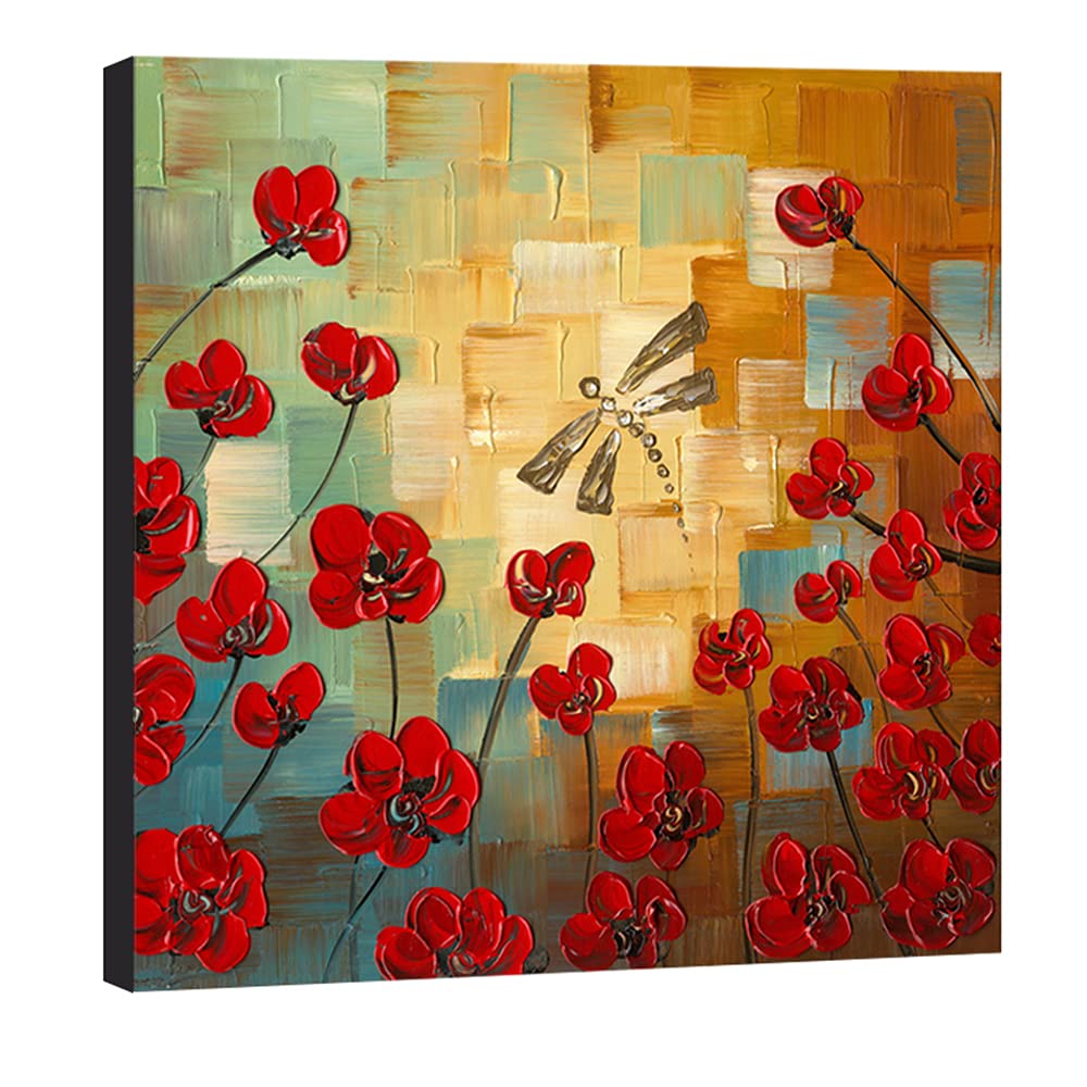 Wieco Art Framed Art Dragonfly Floral Oil Paintings on Canvas Wall Art for Bedroom Home Decorations Modern 100% Hand Painted Stretched Abstract Flowers Artwork with Black Frame