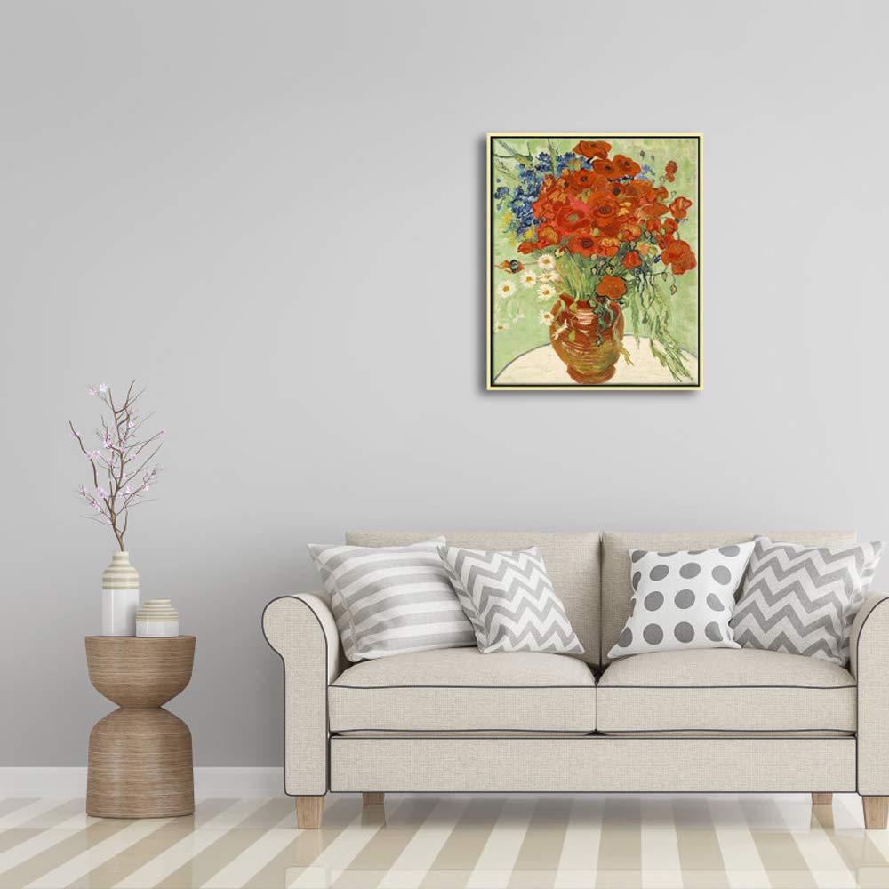 Wieco Art Framed Art Red Poppies and Daisies Canvas Prints Wall Art of Van Gogh Famous Floral Paintings Reproduction Abstract HD Classical Flowers Pictures Artwork