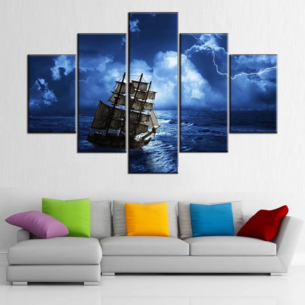 Norse Decor Black and White Painting Vikings Ship Artwork Fantasy Sailing Boat Pictures for Living Room Home 5 Panel Dragon Canvas Wall Art Modern Framed Ready to Hang Posters and Prints(60''Wx32''H)