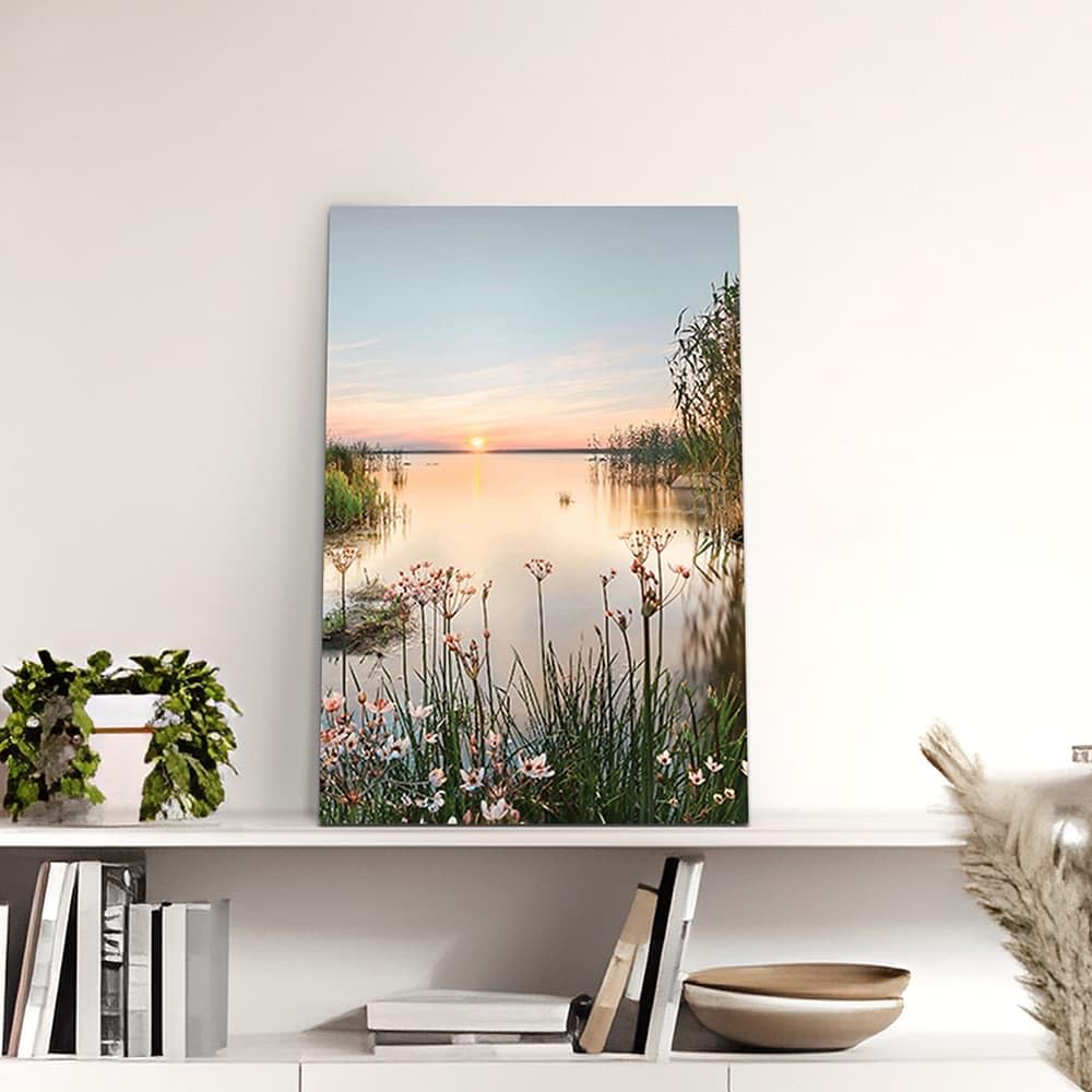 Lake Canvas Wall Art Picture: Sunset Landscape Painting Print Artwork Vertical Nature Scenery Decor for Living Room Bedroom