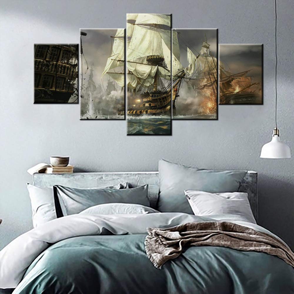 Norse Decor Black and White Painting Vikings Ship Artwork Fantasy Sailing Boat Pictures for Living Room Home 5 Panel Dragon Canvas Wall Art Modern Framed Ready to Hang Posters and Prints(60''Wx32''H)