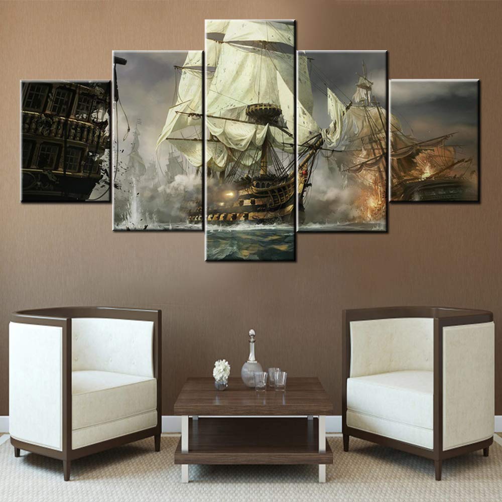 Norse Decor Black and White Painting Vikings Ship Artwork Fantasy Sailing Boat Pictures for Living Room Home 5 Panel Dragon Canvas Wall Art Modern Framed Ready to Hang Posters and Prints(60''Wx32''H)