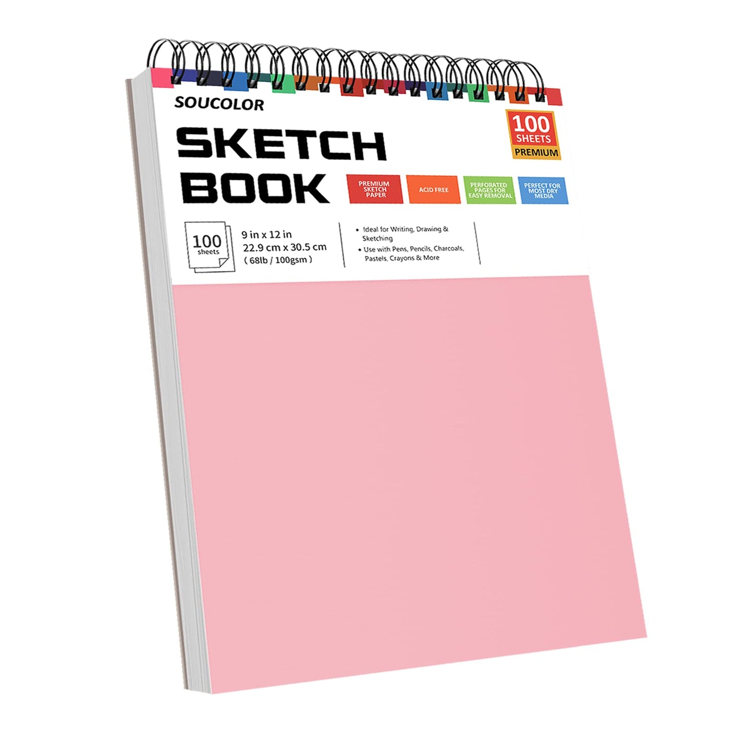 Soucolor 9" x 12" Sketch Book, 1-Pack 100 Sheets Spiral Bound Art Sketchbook, (68lb/100gsm) Acid Free Artist Drawing Book Paper Painting Sketching Pad for Kids Students Adults Beginners