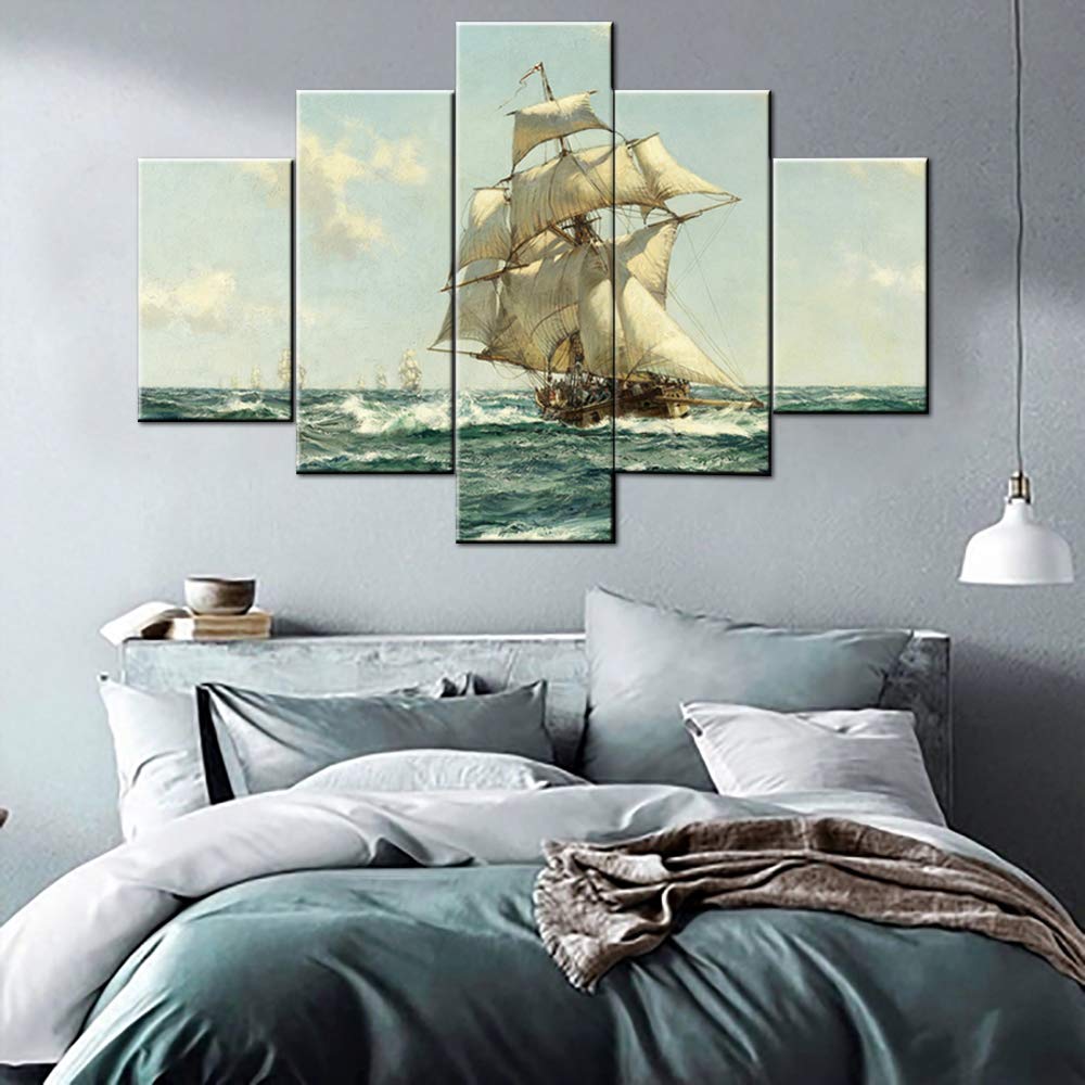 Norse Decor Black and White Painting Vikings Ship Artwork Fantasy Sailing Boat Pictures for Living Room Home 5 Panel Dragon Canvas Wall Art Modern Framed Ready to Hang Posters and Prints(60''Wx32''H)