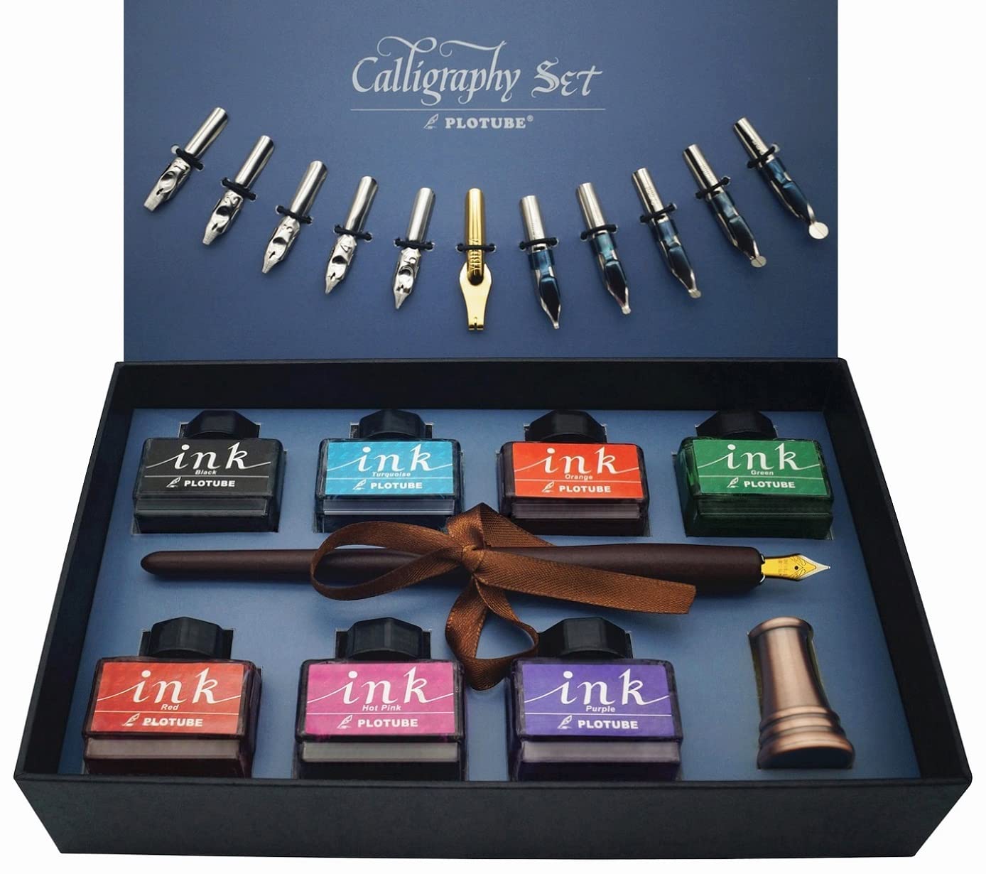 Calligraphy Pen Set – Includes Wooden Dip Pen, Antique Brass Holder, 11 Nibs, 7 Colors Ink Bottles and Beginner's Manual