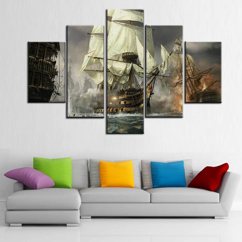 Norse Decor Black and White Painting Vikings Ship Artwork Fantasy Sailing Boat Pictures for Living Room Home 5 Panel Dragon Canvas Wall Art Modern Framed Ready to Hang Posters and Prints(60''Wx32''H)