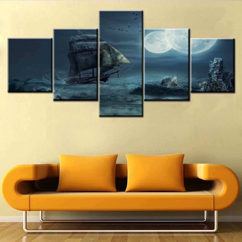 Norse Decor Black and White Painting Vikings Ship Artwork Fantasy Sailing Boat Pictures for Living Room Home 5 Panel Dragon Canvas Wall Art Modern Framed Ready to Hang Posters and Prints(60''Wx32''H)