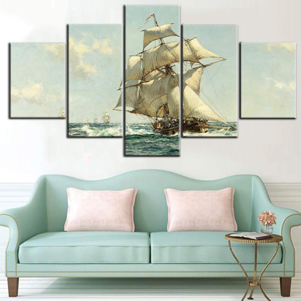 Norse Decor Black and White Painting Vikings Ship Artwork Fantasy Sailing Boat Pictures for Living Room Home 5 Panel Dragon Canvas Wall Art Modern Framed Ready to Hang Posters and Prints(60''Wx32''H)