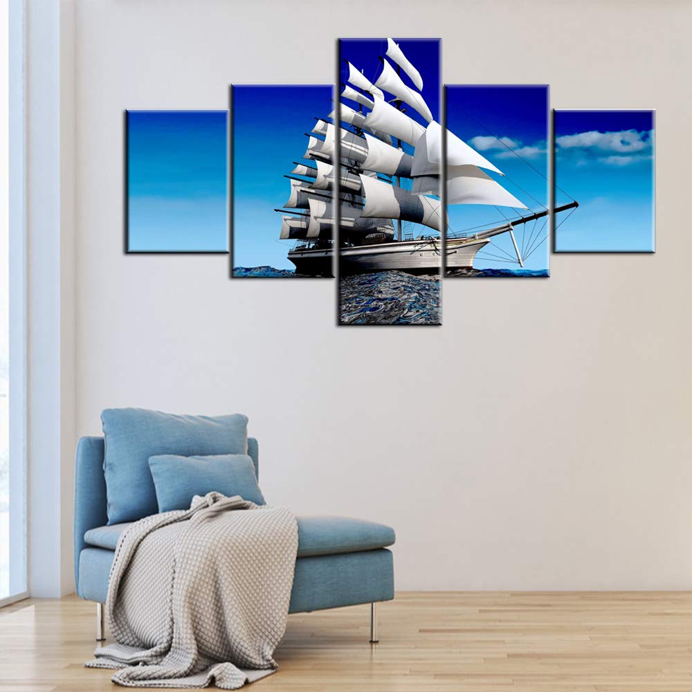 Norse Decor Black and White Painting Vikings Ship Artwork Fantasy Sailing Boat Pictures for Living Room Home 5 Panel Dragon Canvas Wall Art Modern Framed Ready to Hang Posters and Prints(60''Wx32''H)