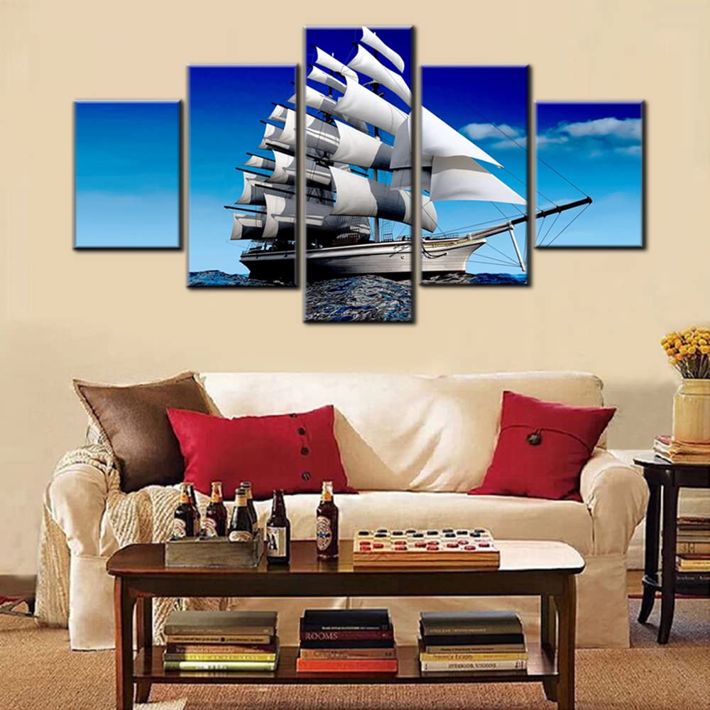 Norse Decor Black and White Painting Vikings Ship Artwork Fantasy Sailing Boat Pictures for Living Room Home 5 Panel Dragon Canvas Wall Art Modern Framed Ready to Hang Posters and Prints(60''Wx32''H)