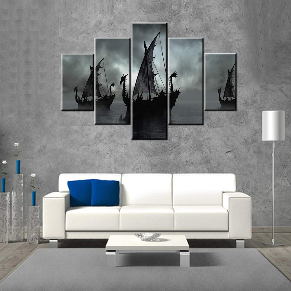 Norse Decor Black and White Painting Vikings Ship Artwork Fantasy Sailing Boat Pictures for Living Room Home 5 Panel Dragon Canvas Wall Art Modern Framed Ready to Hang Posters and Prints(60''Wx32''H)