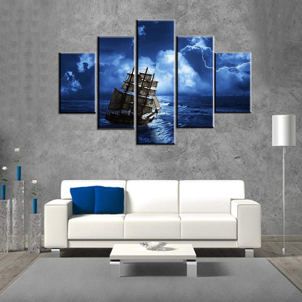 Norse Decor Black and White Painting Vikings Ship Artwork Fantasy Sailing Boat Pictures for Living Room Home 5 Panel Dragon Canvas Wall Art Modern Framed Ready to Hang Posters and Prints(60''Wx32''H)