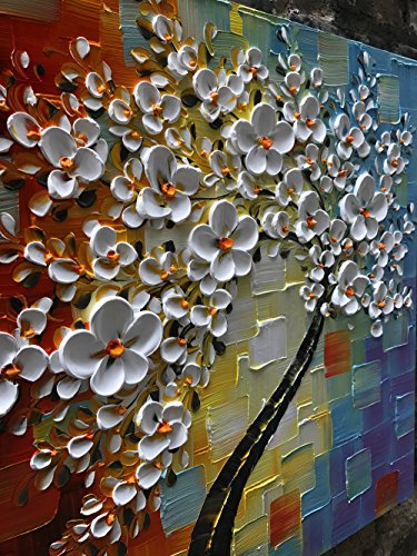 YaSheng Art - hand-painted Oil Painting On Canvas white Flowers Paintings Modern Home Interior Decor Wall Art for living room Abstract Art picture Ready to hang 24x24inch