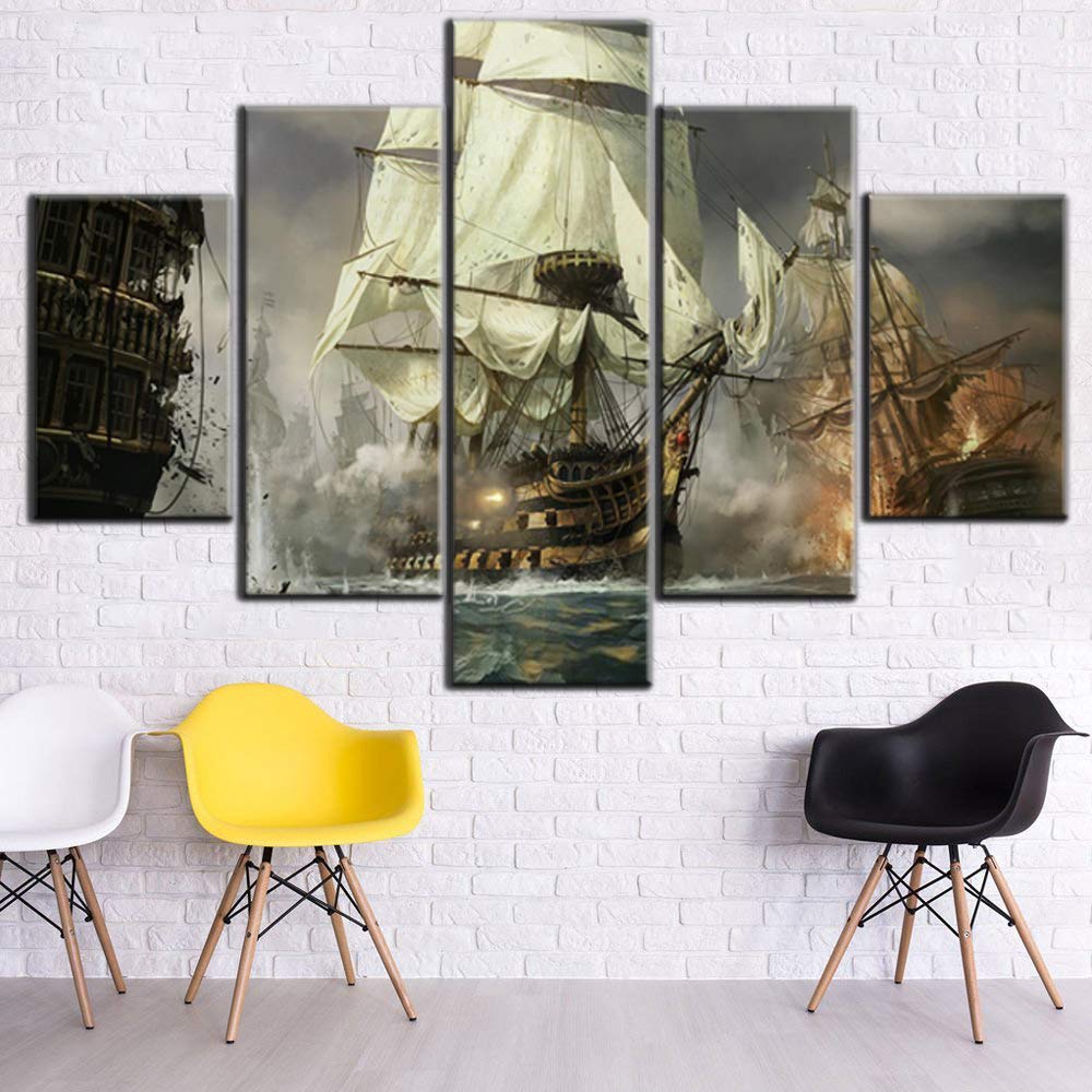 Norse Decor Black and White Painting Vikings Ship Artwork Fantasy Sailing Boat Pictures for Living Room Home 5 Panel Dragon Canvas Wall Art Modern Framed Ready to Hang Posters and Prints(60''Wx32''H)