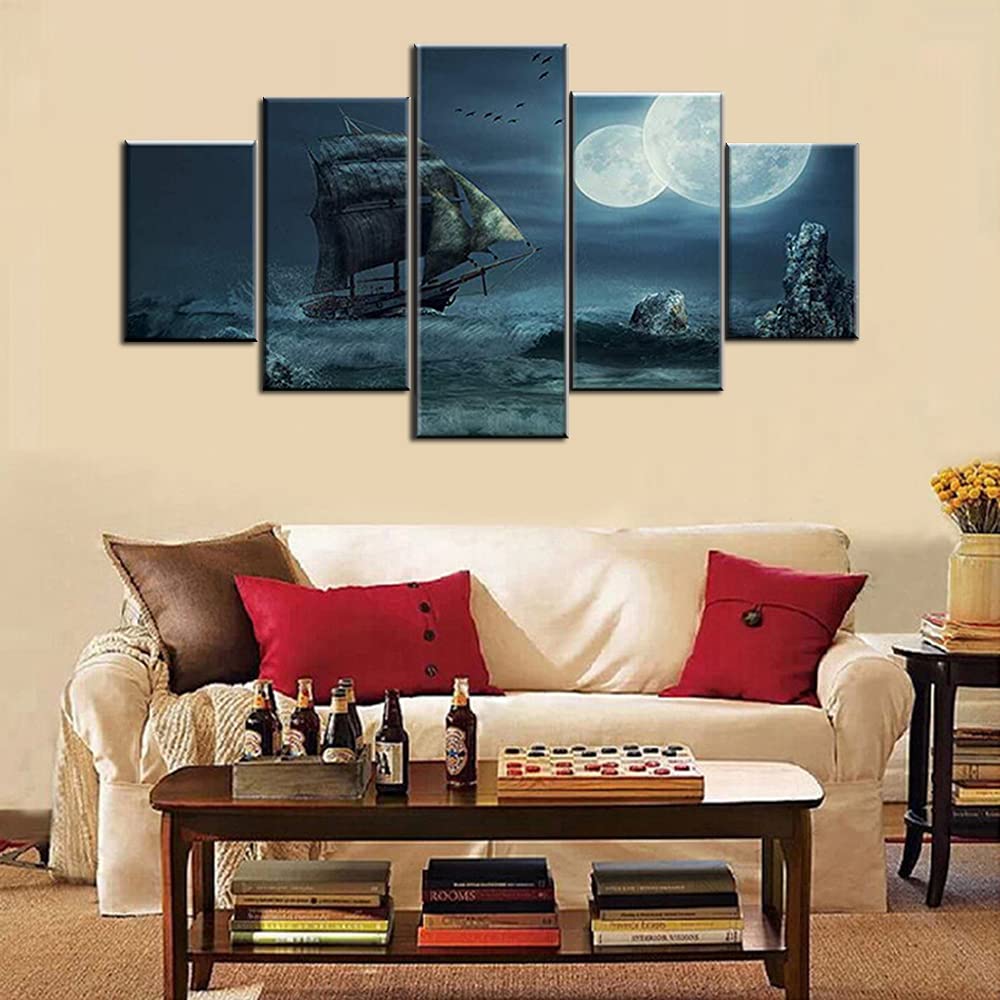 Norse Decor Black and White Painting Vikings Ship Artwork Fantasy Sailing Boat Pictures for Living Room Home 5 Panel Dragon Canvas Wall Art Modern Framed Ready to Hang Posters and Prints(60''Wx32''H)