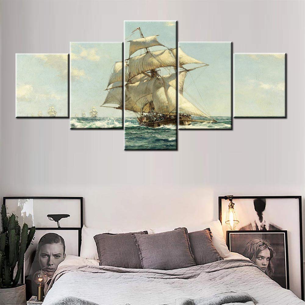 Norse Decor Black and White Painting Vikings Ship Artwork Fantasy Sailing Boat Pictures for Living Room Home 5 Panel Dragon Canvas Wall Art Modern Framed Ready to Hang Posters and Prints(60''Wx32''H)