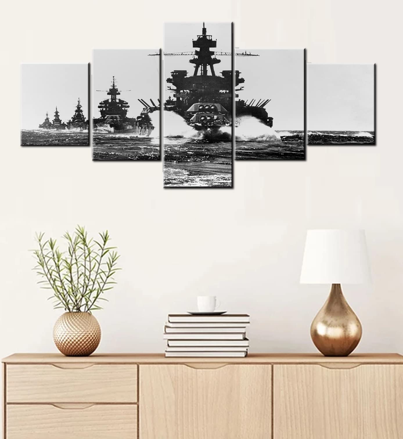 Norse Decor Black and White Painting Vikings Ship Artwork Fantasy Sailing Boat Pictures for Living Room Home 5 Panel Dragon Canvas Wall Art Modern Framed Ready to Hang Posters and Prints(60''Wx32''H)